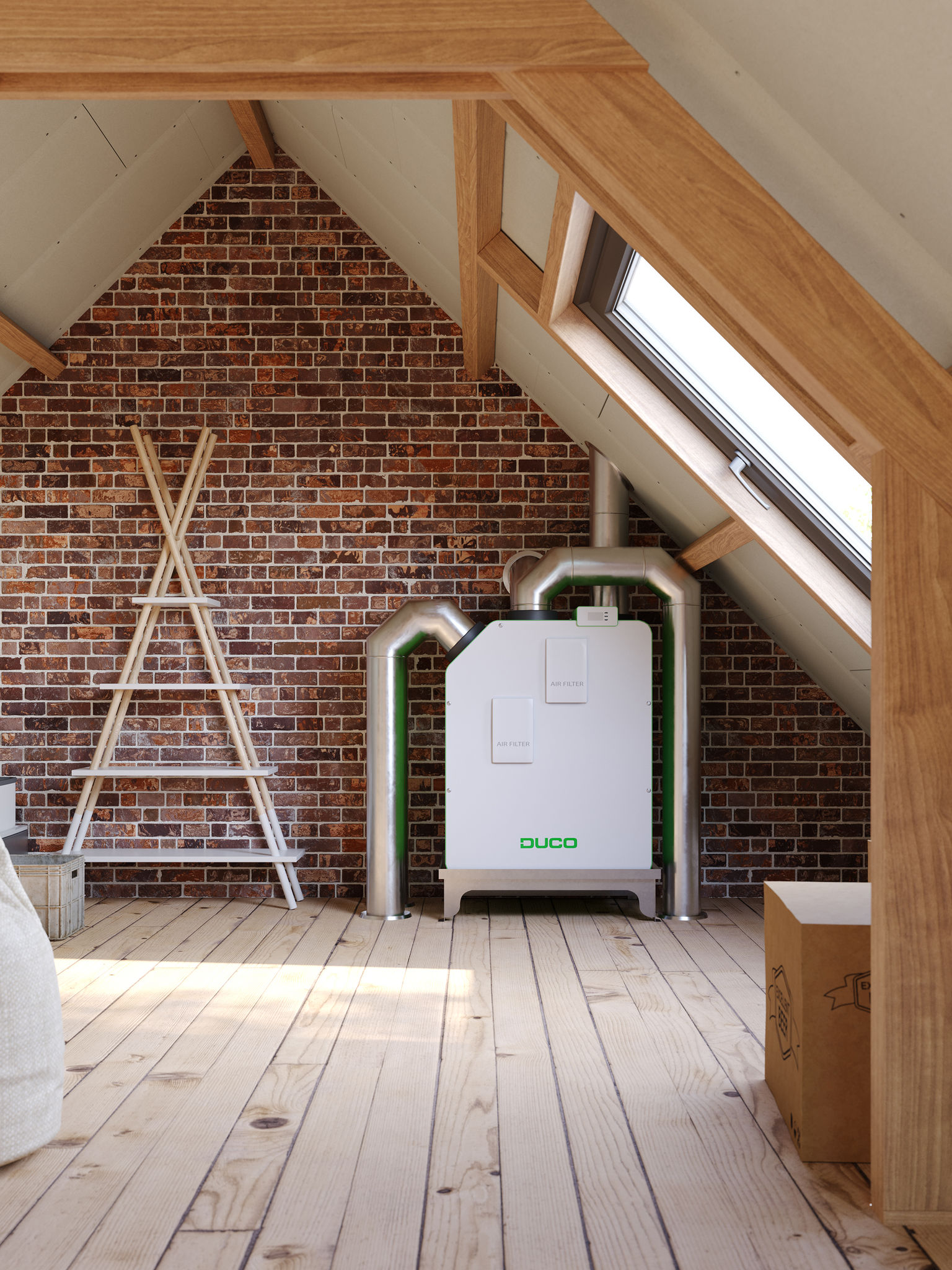 Centralized heat recovery ventilation system installed in the attic of a house to have a healthy living environment